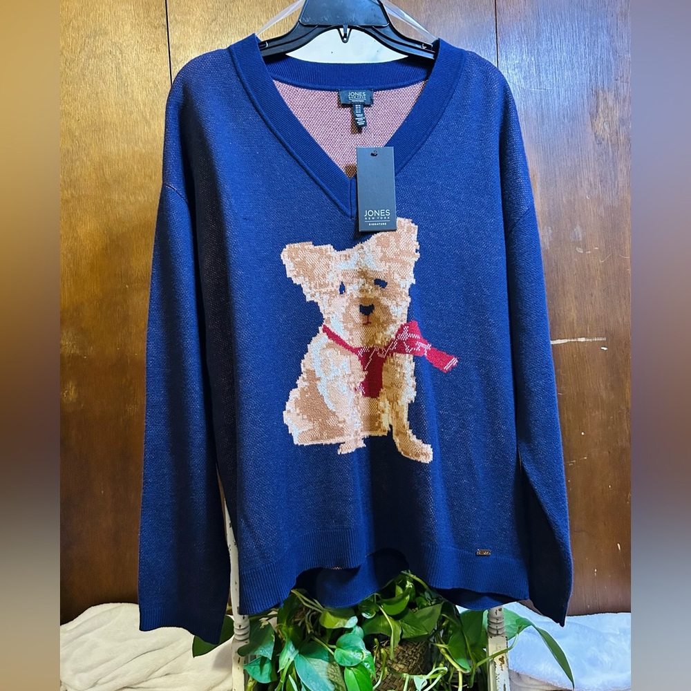 Jones New York Blue Knit with Dog and Red Scarf
